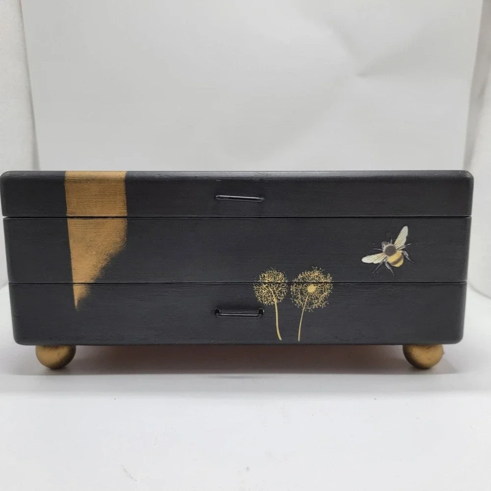 Vtg Wooden Jewelry Box Custom Hand Painted Black Gold Dragonfly Peacock